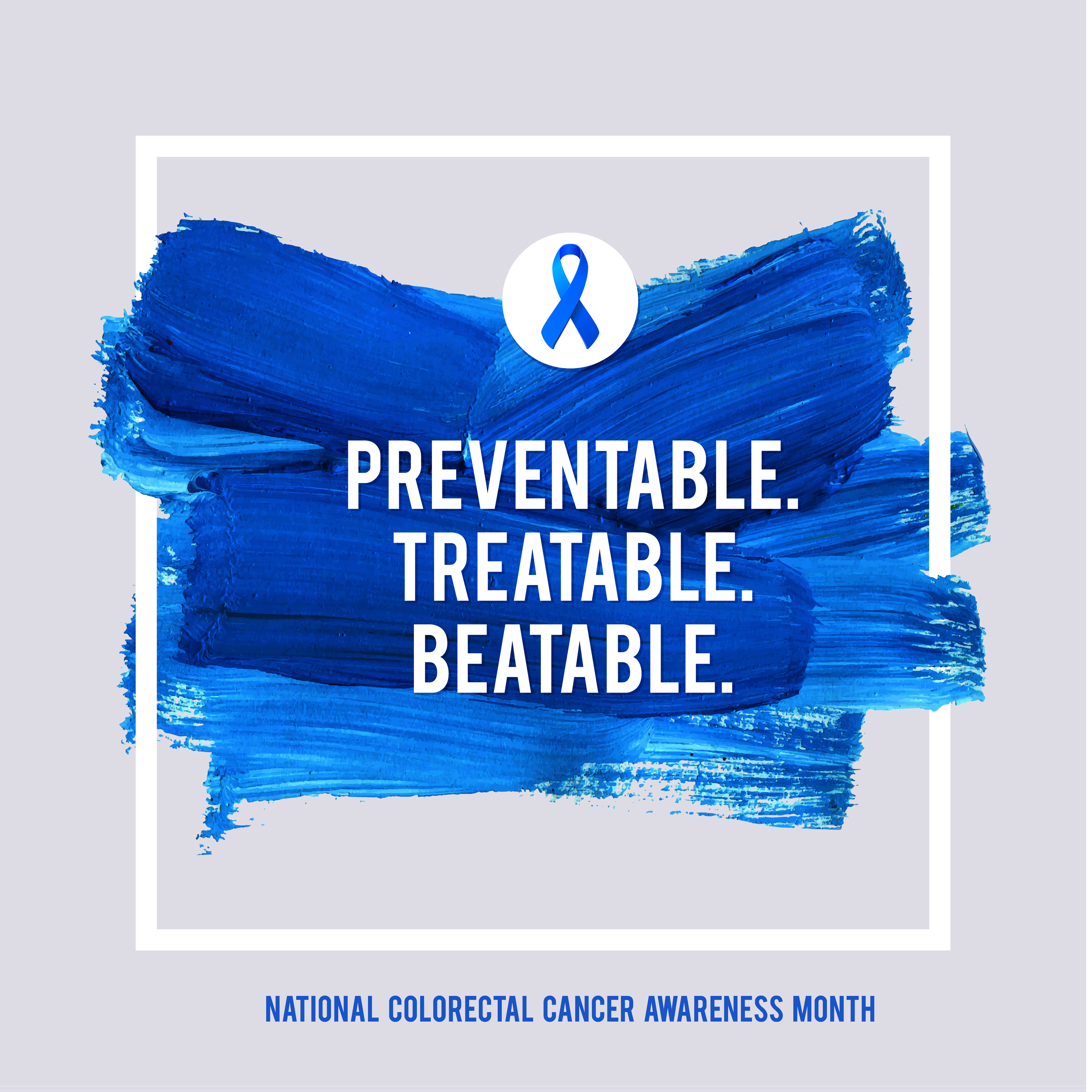 CLORECTAL Cancer Awareness Creative Grey and Blue Poster. Brush Stroke and Silk Ribbon Symbol. National Colon Cancer Awareness Month Banner. Brush Stroke and Text. Medical Square Design.