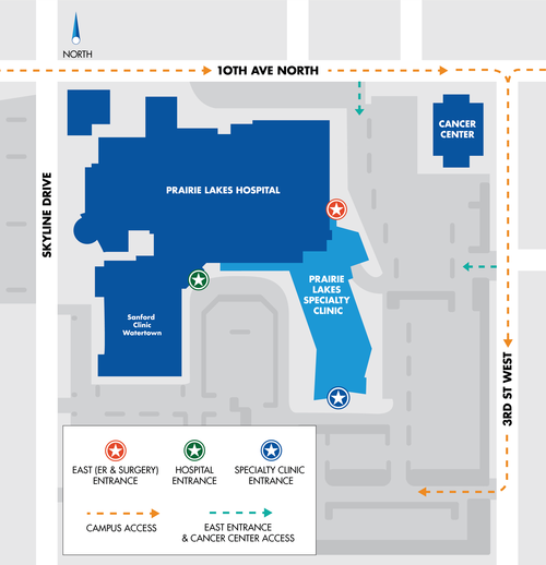 Map to access the main campus. Use 10th Ave NW in Watertown South Dakota. Turn south on 3rd Street to access the campus.